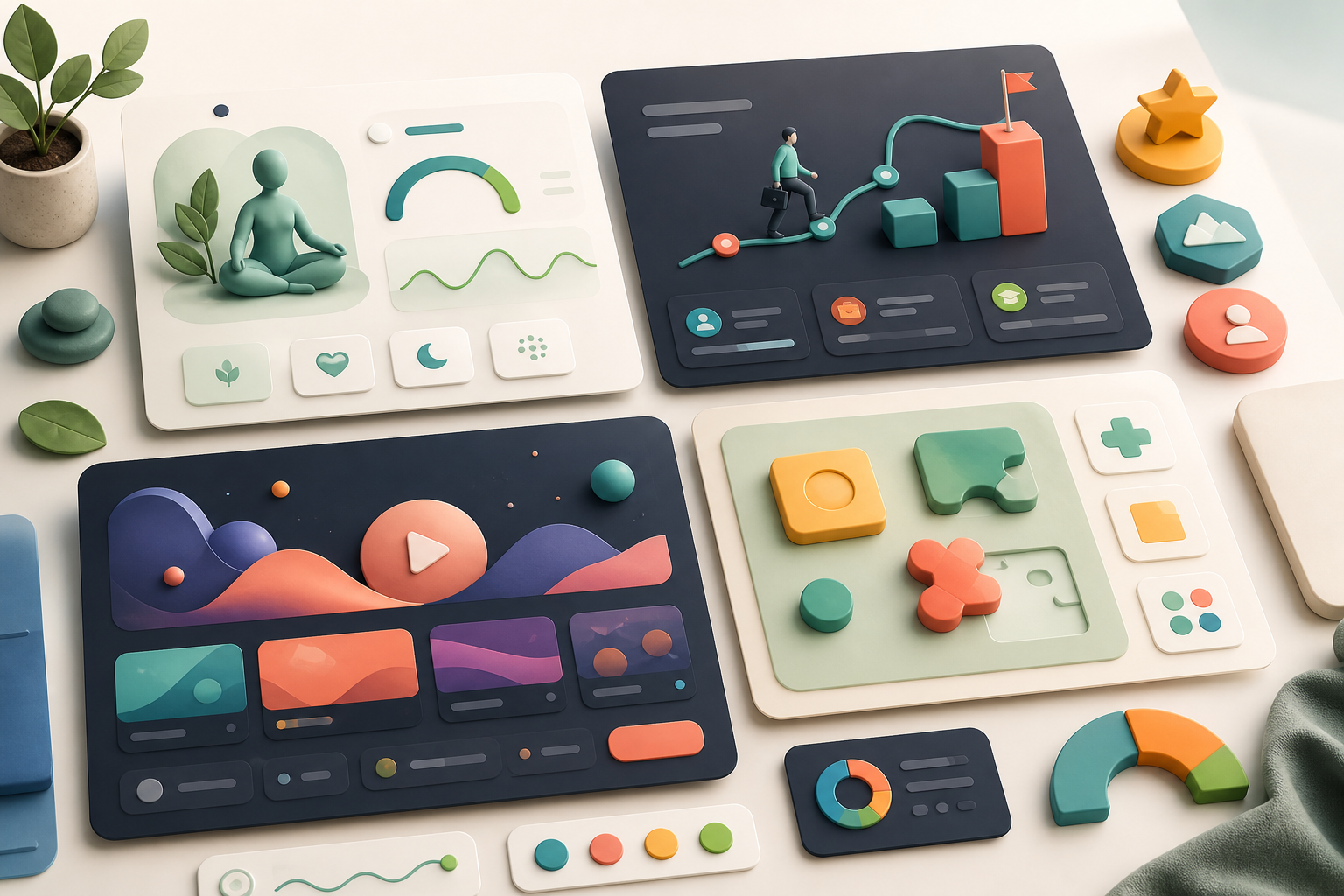 Maquettes abstraites d'applications web pour bien-être, emploi, divertissement et gaming